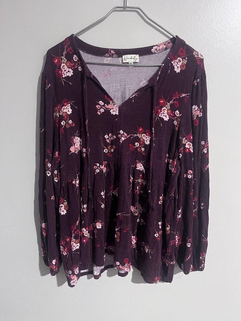 Wonderly Dress Womens 1X Purple Trapeze Swing Short V-Neck Floral Tasseled